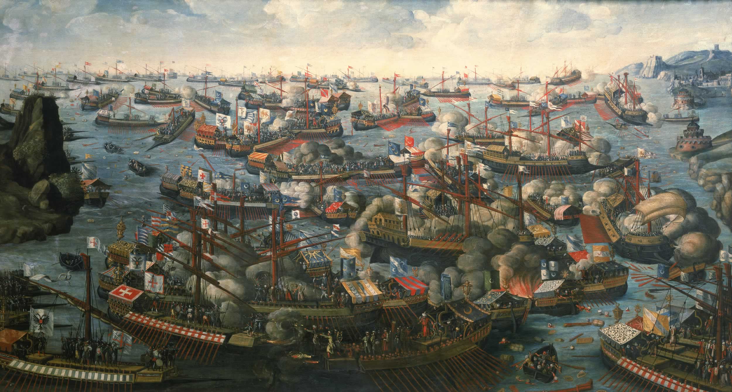 La bataille de Lépante du 7 octobre 1571, artiste inconnu, tableau du XVIe siècle.