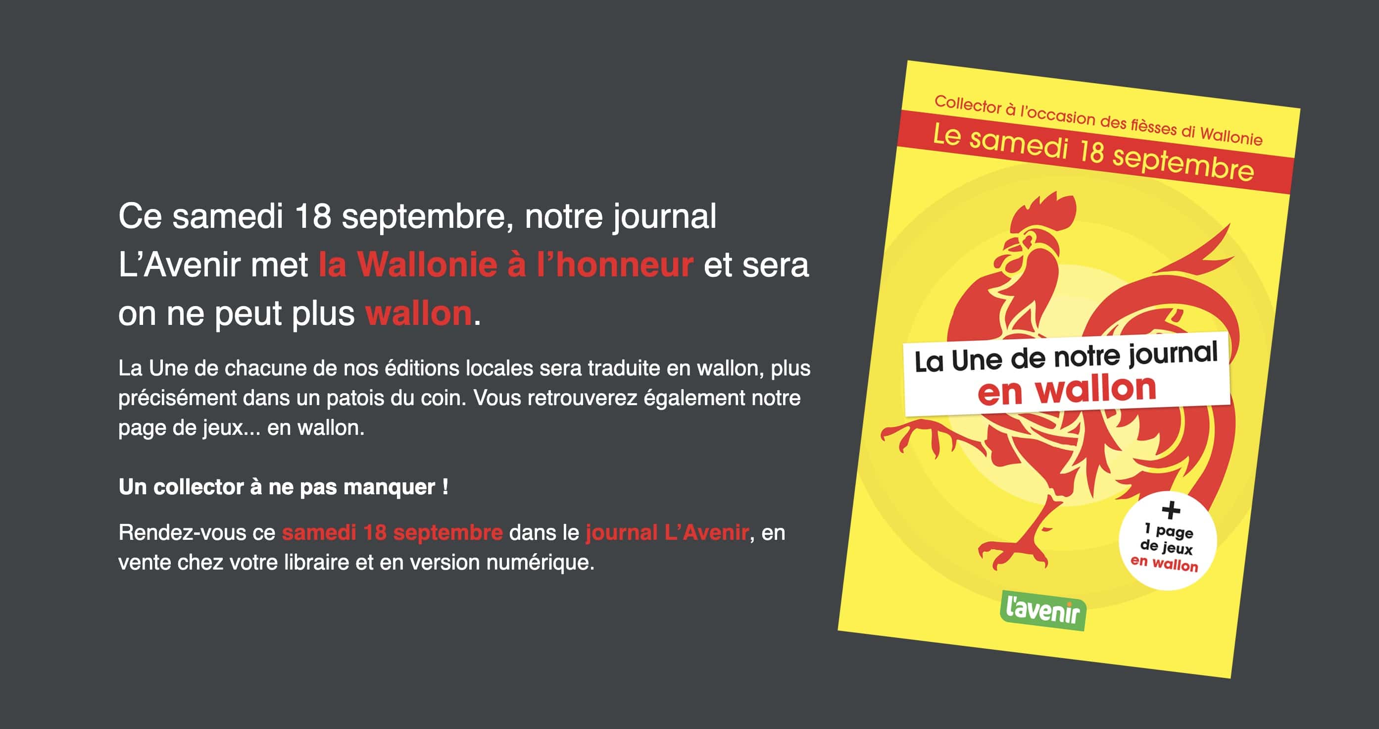 Pajenn gentañ « L’Avenir » e waloneg da geñver gouelioù ar Waloni